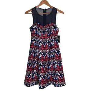Guess Floral Print Sleeveless Mesh Neckline Dress